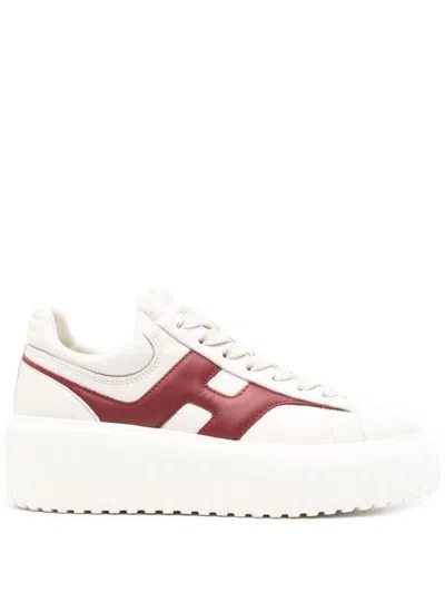 Hogan Autumn Striped Leather Sneakers In Beige And Bordeaux In Beige