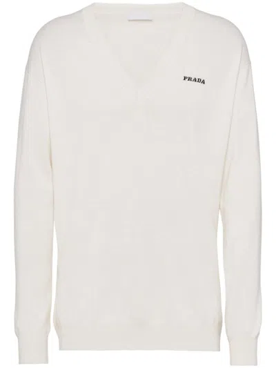 Shop Prada V-neck Cashmere Jumper In White