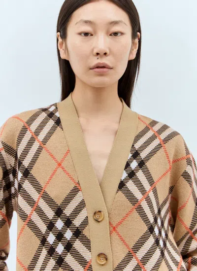 Shop Burberry Women Check Wool-blend Cardigan In Cream