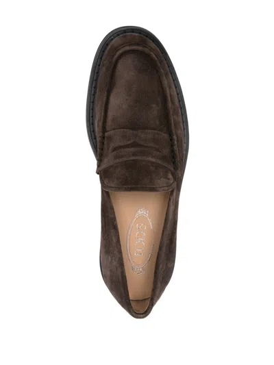 Tod's Round Toe Suede Finish Loafers With Rubber Sole In Brown