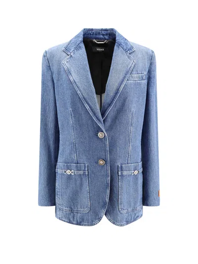 Shop Versace Denim Blazer With Medusa Details