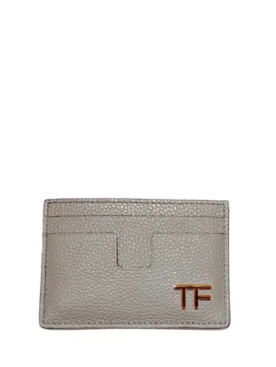 Shop Tom Ford Leather Card Holder With Logo Plaque In Grey