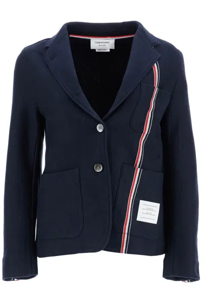 Shop Thom Browne Single Breasted Cotton Knit Jacket In Blue