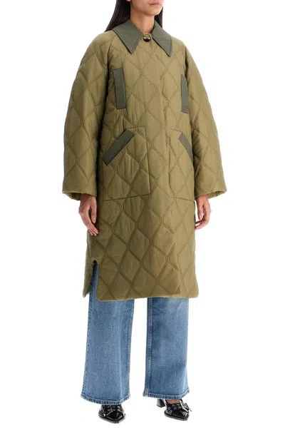 Shop Ganni Long Quilted Padded Coat In Khaki