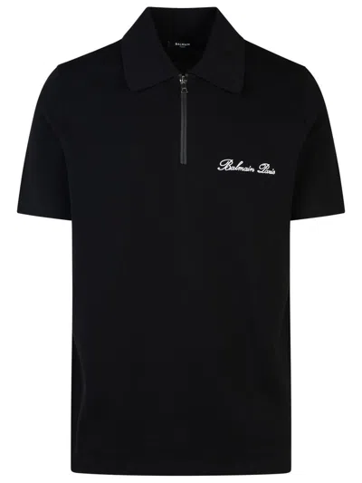 Shop Balmain 'signature' Black Cotton Polo Shirt