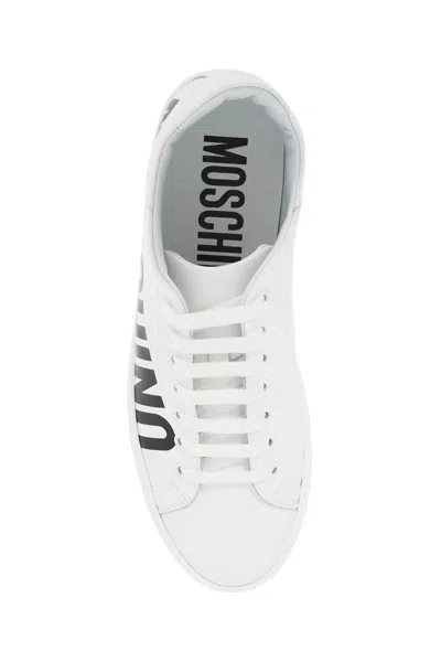 Shop Moschino Leather Sneakers With Logo Print In White