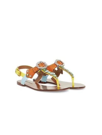 Shop Dolce & Gabbana Leather Ayers Crystal Sandals In Yellow