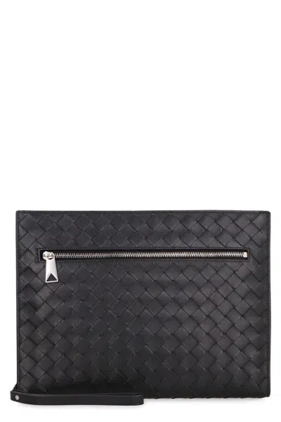 Bottega Veneta Men Woven Document Holder With Strap In Black