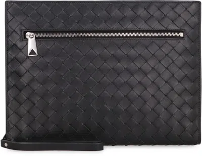 Bottega Veneta Men Woven Document Holder With Strap In Black