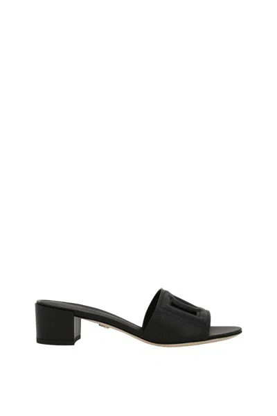Dolce & Gabbana Calfskin Sliders With Dg Logo In Black