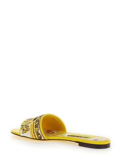 Shop Dolce & Gabbana Yellow Sliders With Embroidered Majolica Pattern In Cotton And Leather Woman