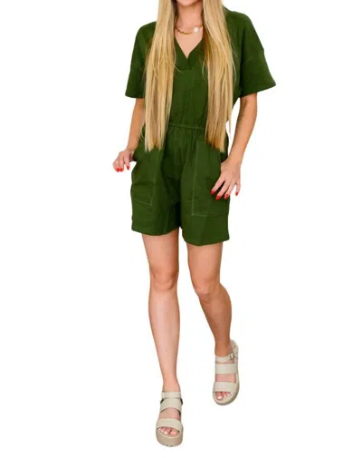 Zenana Short Sleeve V-neck Romper In Army Green In Green