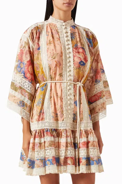 Zimmermann Crochet-trimmed Floral-print Cotton Mini Dress In Multi
