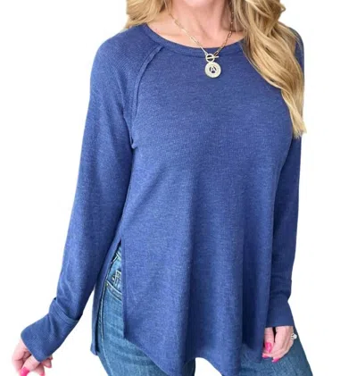 Zenana Melange Baby Waffle Long Sleeve Top In Light Navy In Multi