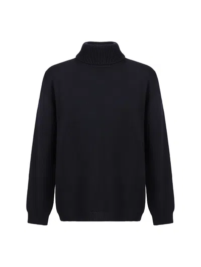 Roberto Collina Merino Wool Turtleneck Sweater With Ribbed Finish In Navy