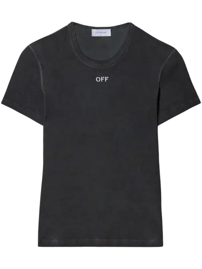 Off-white Ribbed T-shirt With Off Embroidery In Washed Grey/white