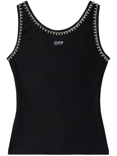 Off-white Pearl Embellished Ribbed Tank Top In Multicolor