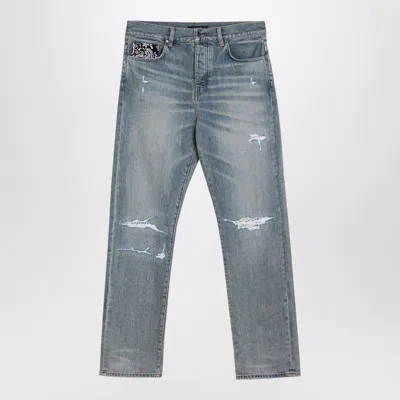 Amiri Light Blue Jeans With Rips And Bandana Detail In Denim Man In Light Blue