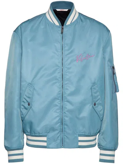 Valentino Nylon Bomber Jacket With Embroidery And Print. In Light Blue