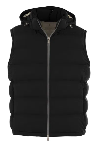 Brunello Cucinelli Men Sleeveless Down Jacket In Membraned Taffeta With Heat Tapes And Detachable Ho In Black