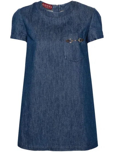 Shop Gucci Women's Denim Cotton Short Dress In Blue