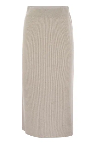 Brunello Cucinelli Luxurious Cashmere-silk Ribbed Midi Skirt In Pearl