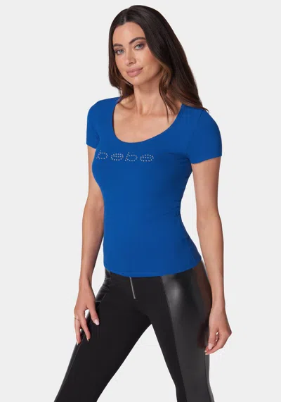 Bebe Logo Short Sleeve Scoop Neck Single Stone Rib Top In Galactic Cobalt