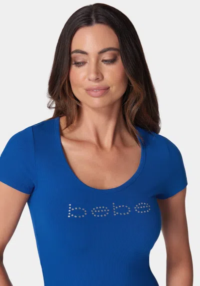 Bebe Logo Short Sleeve Scoop Neck Single Stone Rib Top In Galactic Cobalt