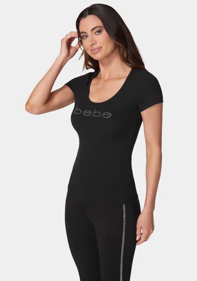 Bebe Logo Short Sleeve Scoop Neck Single Stone Rib Top In Black | ModeSens