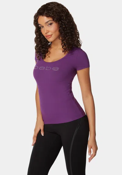 Bebe Logo Short Sleeve Scoop Neck Single Stone Rib Top In Imperial Purple