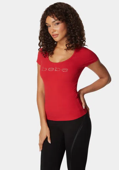 Bebe Logo Short Sleeve Scoop Neck Single Stone Rib Top In Salsa