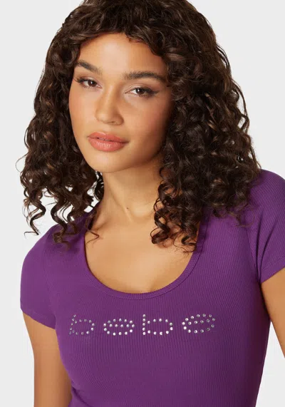 Bebe Logo Short Sleeve Scoop Neck Single Stone Rib Top In Imperial Purple