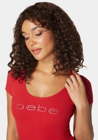 Bebe Logo Short Sleeve Scoop Neck Single Stone Rib Top In Salsa