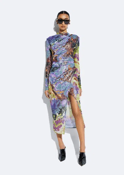 Lapointe Printed Mesh Draped Midi Dress In Marble
