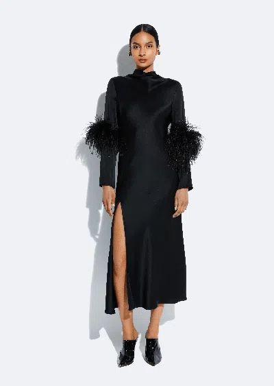 Lapointe Satin Draped Neck Bias Dress With Feathers In Black