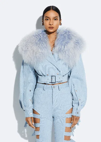 Lapointe Cropped Washed Denim And Shearling Biker Jacket In Light Indigo
