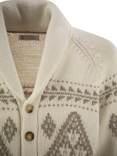 Shop Brunello Cucinelli Geometric Jacquard Cashmere Feather Cardigan With Shawl Collar