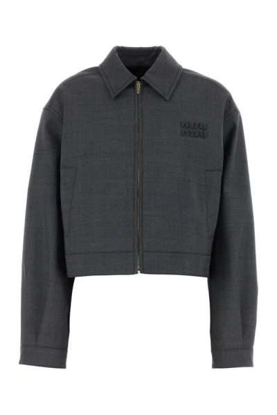Miu Miu Collared Cropped Glencheck Jacket Long Sleeves In Multicolor