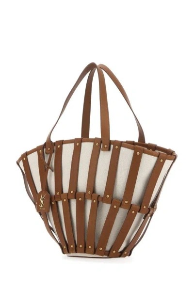 Saint Laurent Woman Two-tone Canvas And Leather Medium Beatrix Shopping Bag In Multicolor