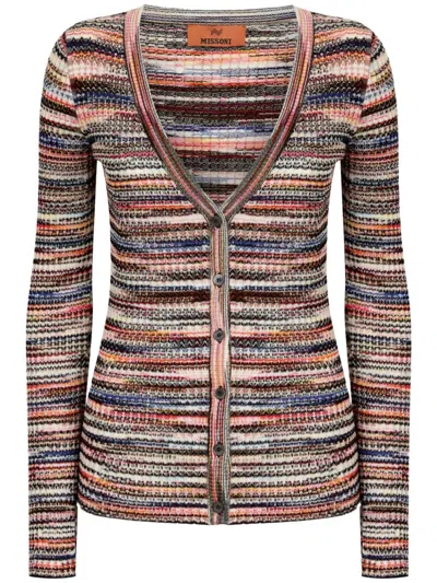 Shop Missoni Striped V-neck Cardigan In Turquoise