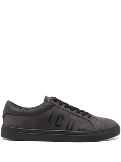 Shop Dsquared2 Calf Leather Sneakers With Logo Print In Grigio E Nero