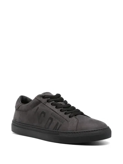 Shop Dsquared2 Calf Leather Sneakers With Logo Print In Grigio E Nero