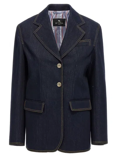 Etro Denim Blazer With Contrast Stitching And Front Pockets In Blue
