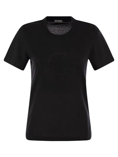 Moncler Women Black T-shirt With Rhinestone Logo In Cotton Woman In Black