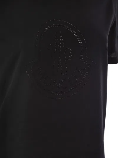 Moncler Women Black T-shirt With Rhinestone Logo In Cotton Woman In Black