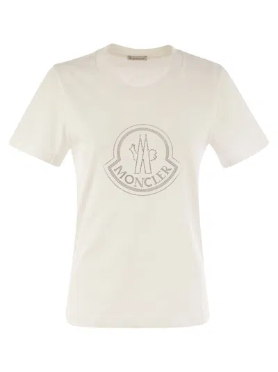 Moncler Women White Cotton Rhinestone Logo T-shirt In White