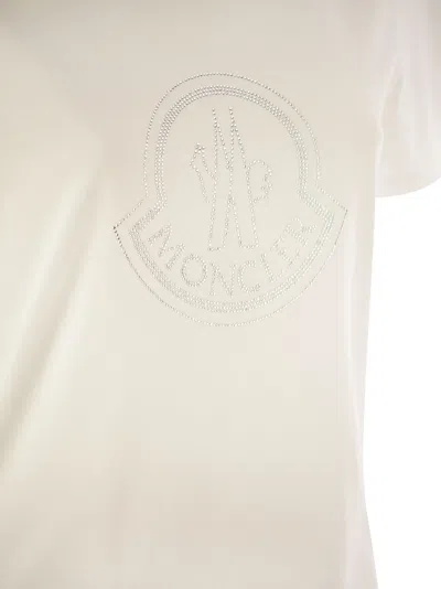 Moncler Women White Cotton Rhinestone Logo T-shirt In White