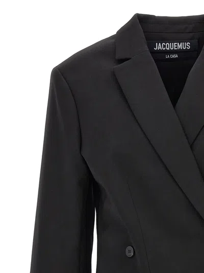Jacquemus Tibau Asymmetric Double-breasted Grain De Poudre Wool Blazer In Black