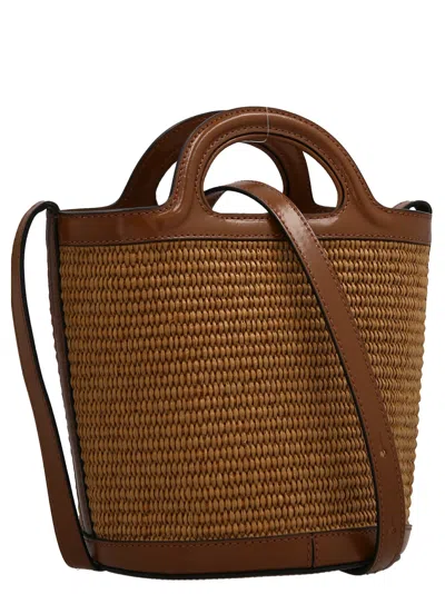 Marni Light Brown Woven Fabric And Leather Bag With Circular Handles In 浅褐色的