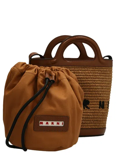 Marni Light Brown Woven Fabric And Leather Bag With Circular Handles In 浅褐色的